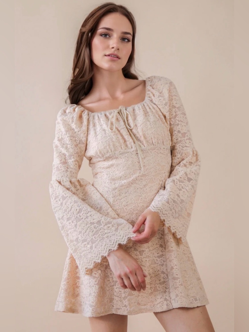 Cream Lace Peasant Dress with Bell Sleeves